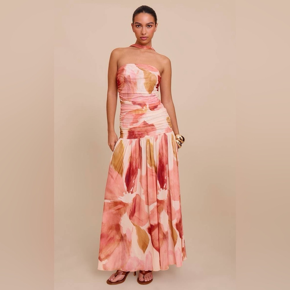 PrettyLittleThing Stone Floral Print Ruched Scarf Dropped Waist Maxi Dress